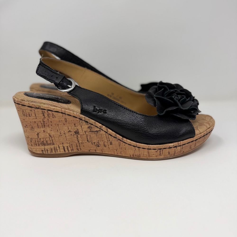 BOC Born Concept US 10 Black Leather Flower Slingback Sandals Cork Wedge